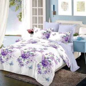Lenjerie pat dublu, FINET Satinat, 6 piese, Alb, Mov, Flori si Biciclete Lenjerie pat dublu, FINET Satinat, 6 piese, Alb, Mov, Flori si Biciclete