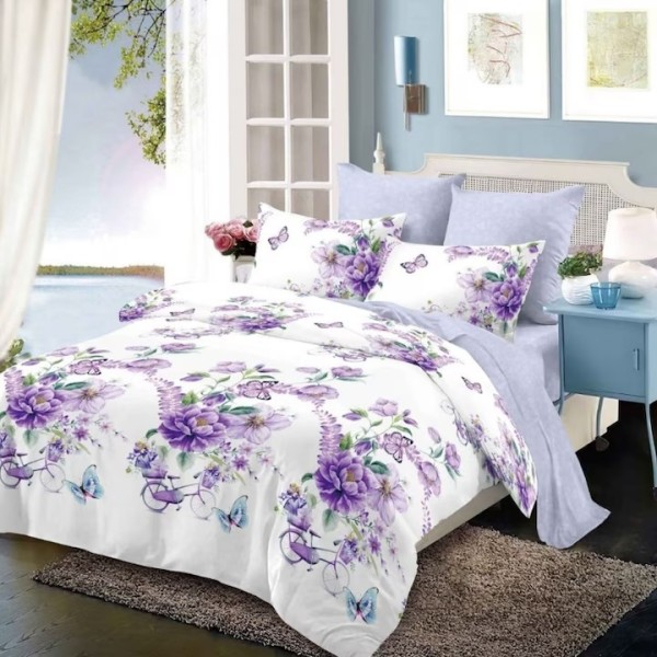 Lenjerie pat dublu, FINET, 6 piese, Alb, Mov, Flori si Biciclete [1]