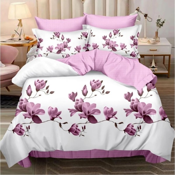 Lenjerie pat dublu, FINET, 6 piese, Alb, Roz, Magnolii [1]