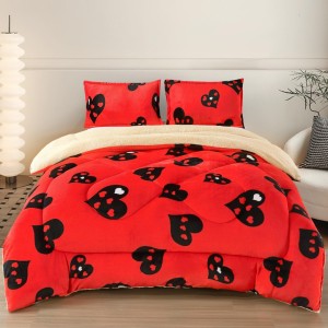  Pilota Cocolino cu blanita 200x230cm si 2 fete de perna 50x70cm, Rosu, inimioare