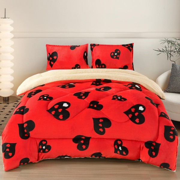  Pilota Cocolino cu blanita 200x230cm si 2 fete de perna 50x70cm, Rosu, inimioare [1]