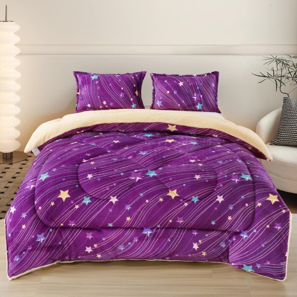  Pilota Cocolino cu blanita 200x230cm si 2 fete de perna 50x70cm, Mov, stelute [1]