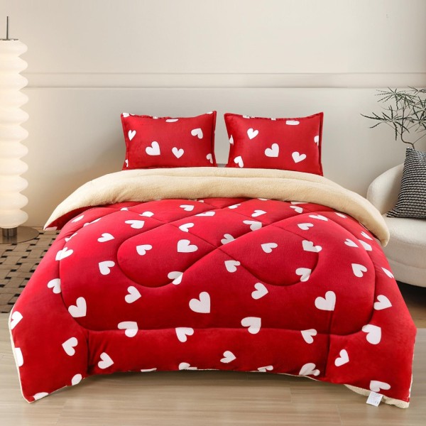  Pilota Cocolino cu blanita 200x230cm si 2 fete de perna 50x70cm, Rosu, inimioare [1]