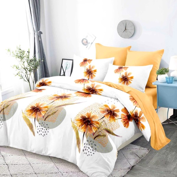 Lenjerie pat dublu,  FINET, cu elastic, 6 piese, Alb, Galben, Flori [1]