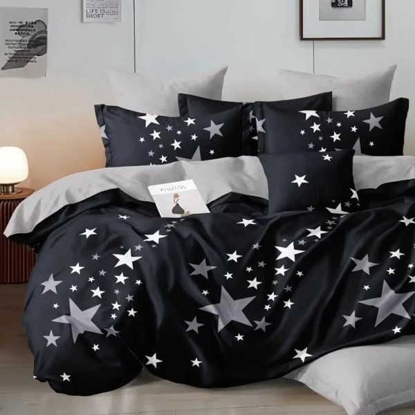 Lenjerie pat dublu, bumbac satinat, cu doua feţe, 4 piese,  Bleumarin, Gri, stelute [1]