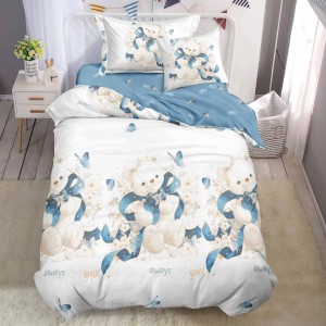 Lenjerie pat 140x200cm,  FINET, 4 piese, cu ELASTIC, Bleu, ursuleti Lenjerie pat 140x200cm,  FINET, 4 piese, cu ELASTIC, Bleu, ursuleti