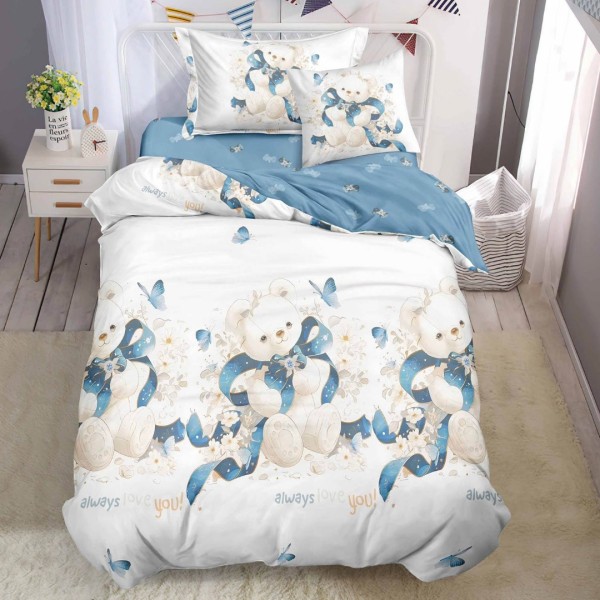 Lenjerie pat 140x200cm,  FINET, 4 piese, cu ELASTIC, Bleu, ursuleti [1]