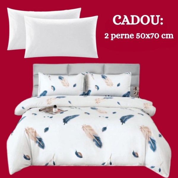 Lenjerie de Pat 4 Piese din Bumbac Satinat cu Cearsaf cu Elastic + 2 Perne Cadou 50x70 cm, cod INS-LSG507 [1]