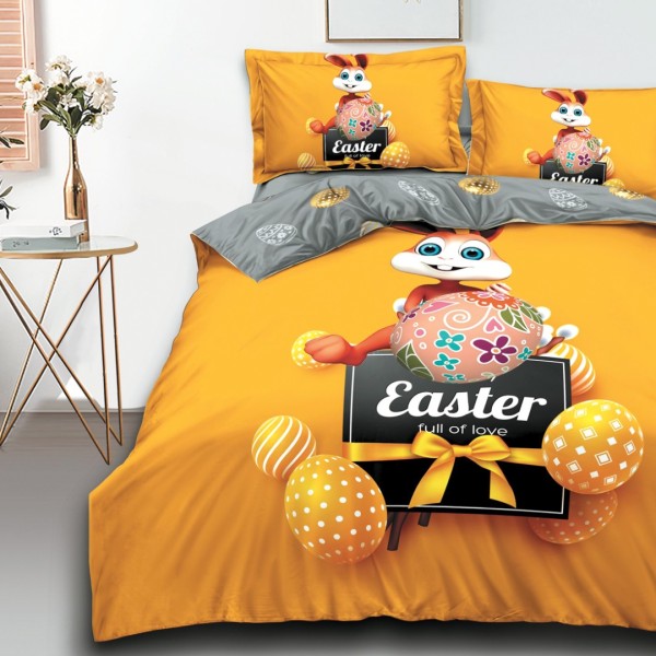 Lenjerie de Pat Dublu,  Finet, Imprimeu Digital, 4 Piese, Galben, Iepuraș, Happy Easter [1]