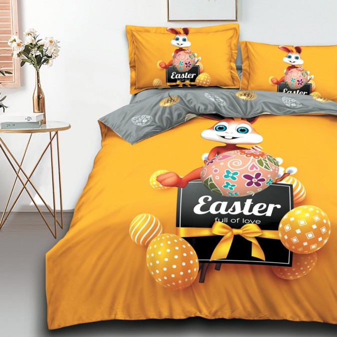 Lenjerie de Pat Dublu Bumbac Finet Imprimeu Digital cu Motive Pascale IDENTIC CU POZA 4 Piese – Design și Confort Desăvârșit pentru Dormitorul Tău Galben Iepuraș Happy Easter