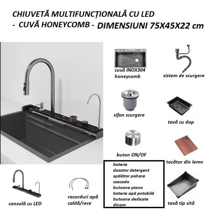 Chiuveta Bucatarie Multifunctionala cu LED, Inox, Gri Inchis – Negru 75×45cm – Puterea Tehnologiei și Designului în Bucătăria Ta