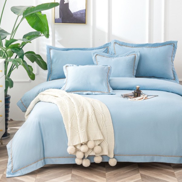 Lenjerie Pat Dublu, Bumbac Neted Fin, cu Bordura din Broderie Rafinata, CEARSAF CU ELASTIC, 6 piese, Bleu [1]