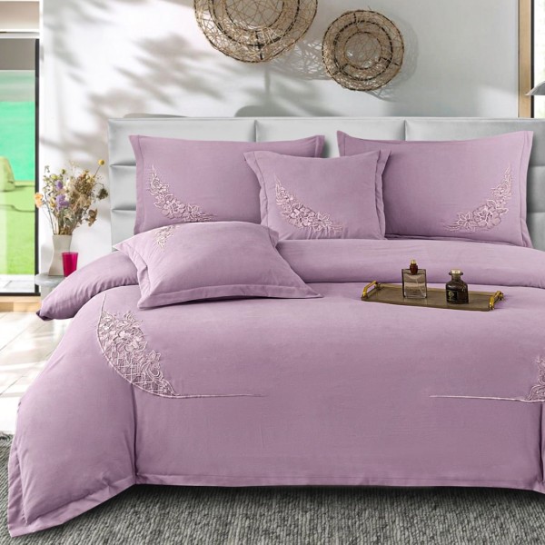 Lenjerie Pat Dublu, Bumbac Neted Fin, Broderie Rafinata, CEARSAF CU ELASTIC, 6 piese, Lila [1]