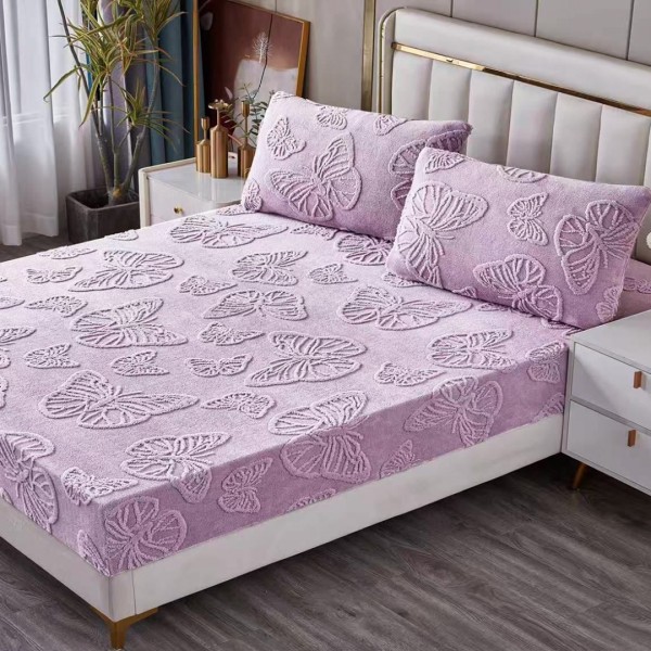Cearșaf Cocolino 180/200 cm – Elastic 360°,  + 2 Fete Perna, Model Fluturi 3D, Moale și Călduros, Lila [1]