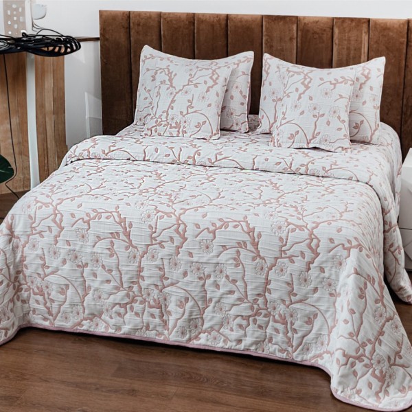 Cuvertura Pat Dublu, Bumbac cu In, Model Brodat Direct în Tesatura, 230x250 cm, 2 fete de perna 52x72cm, 2 fete de perna 46x46cm, Alb, Pudra, Crengute [1]