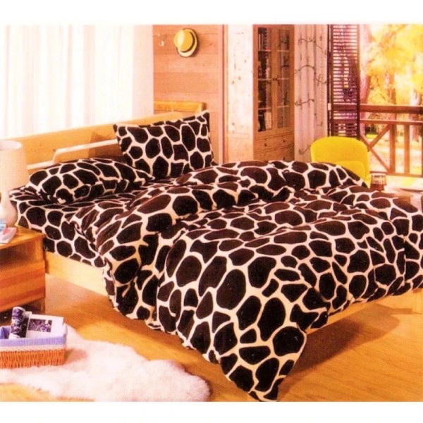 Lenjerie pat dublu, Super Pufoasa COCOLINO,cu ELASTIC, 4 piese, Bej, Maro, Animal Print [1]