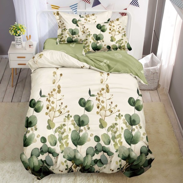 Lenjerie pat 1 PERSOANA, FINET, 4 piese, Crem, Verde, flori [1]