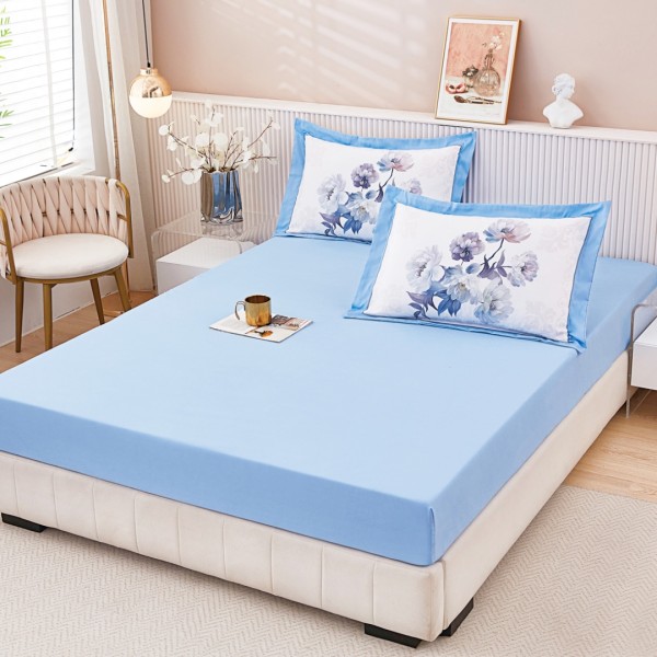 Cearsaf cu elastic, FINET, 160x200cm, UNI + 2 fete de perne 50x70cm, cu Model Floral, Bleu [1]