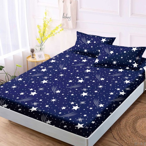 Cearsaf cu elastic, Bumbac FINET, 160x200cm, 2 fete de perne 50x70cm, Bleumarin, Alb, Ploaie de Stele [1]