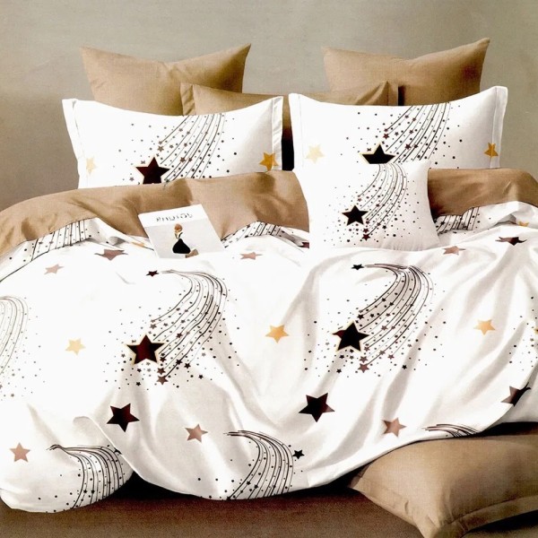 Lenjerie pat dublu, bumbac satinat, cu doua feţe, 4 piese,  Bleumarin, Crem, Bej, stelute [1]