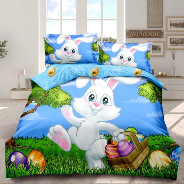 Lenjerie de Pat Dublu,  Finet, Imprimeu Digital cu Iepuras si Oua, IDENTIC CU POZA, 4 Piese, Bleu [1]