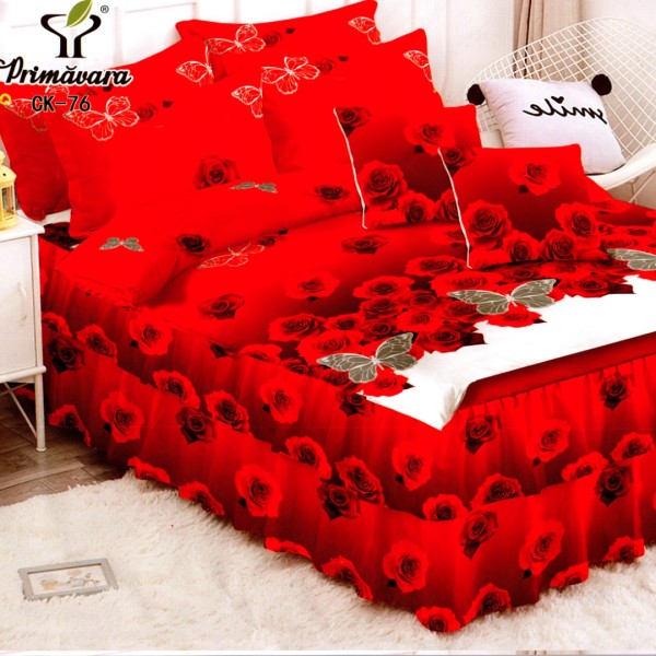 Lenjerie Premium Pat Dublu  FINET, 6 Piese – Volanase Sofisticate, Fixare Perfecta cu Elastic, Rosu, Alb, Trandafiri, Fluturi [1]