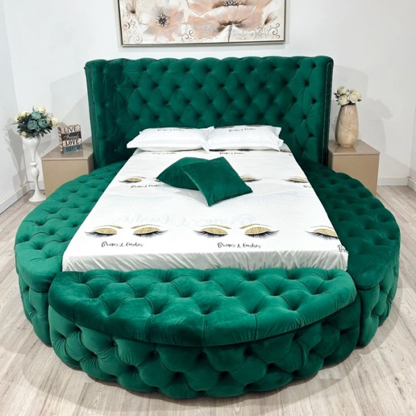 Pat Tapițat Rotund, pentru saltea de 180x200cm, Verde Smarald - model RING - cu somiera rabatabilă [1]