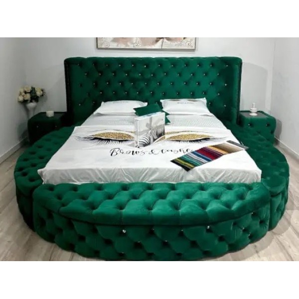 Pat Tapițat Rotund, pentru saltea de 160x200cm, Verde cu Nasturi de Sticlă - model RING - cu somiera rabatabilă [1]