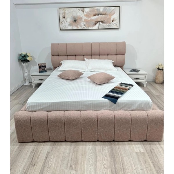Pat Tapițat, pentru Saltea de 160x200cm, Material Buclat, Roz Pudră - model ENZO - cu Somiera Fixa [1]