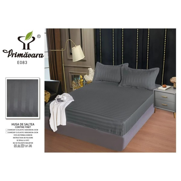 Cearsaf cu Elastic 160x200 cm – Damasc Finetat, 70% Bumbac, 2 Fete de Perna 55x80 cm, Gri inchis – Confort Premium si Fixare Perfecta [1]