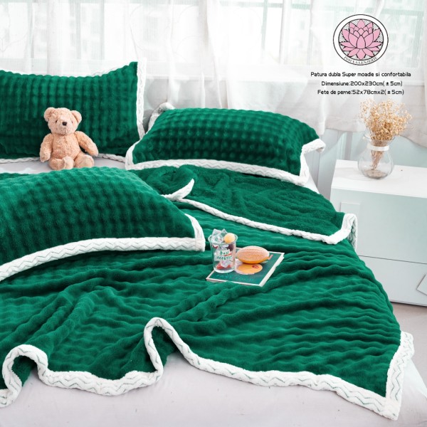 Patura Premium, Blanita Artificiala Fina, 200x230cm + 2 Fete de Perna 52x78cm, Verde [1]