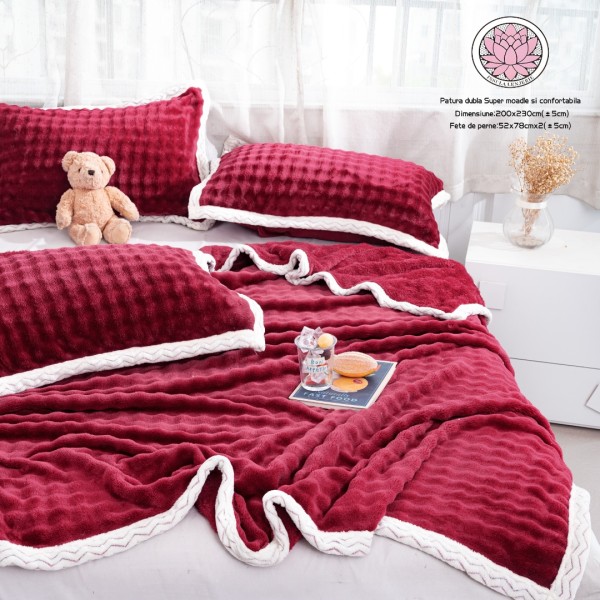 Patura Premium, Blanita Artificiala Fina, 200x230cm + 2 Fete de Perna 52x78cm, Rosu [1]