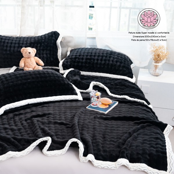 Patura Premium, Blanita Artificiala Fina, 200x230cm + 2 Fete de Perna 52x78cm, Negru [1]