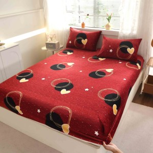 Cearsaf cu Elastic Cocolino 180x200cm si 2 fete de perna 50x70cm, Grena, inimioare