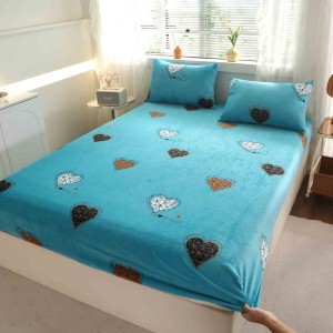 Cearsaf cu Elastic Cocolino 180x200cm si 2 fete de perna 50x70cm, Turcuaz, inimioare