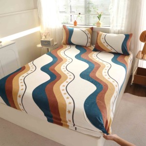 Cearsaf cu Elastic Cocolino 180x200cm si 2 fete de perna 50x70cm, Bej, Turcuaz, abstract