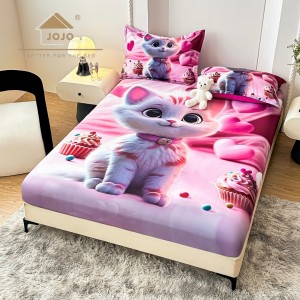 Cearsaf cu elastic, Bumbac FINET, Imprimeu 5D Identic cu Poza, 160x200cm, 2 fete de perne 50x70cm, Jojo Home, Roz, Pisicuta