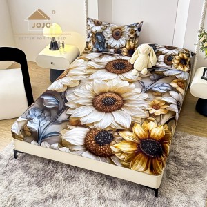 Cearsaf cu elastic, Bumbac FINET, Imprimeu 5D Identic cu Poza, 160x200cm, 2 fete de perne 50x70cm, Jojo Home, Gri, Alb, Flori