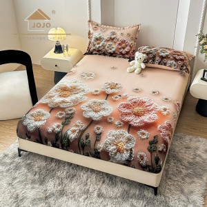 Cearsaf cu elastic, Bumbac FINET, Imprimeu 5D Identic cu Poza, 160x200cm, 2 fete de perne 50x70cm, Jojo Home, Gri, Somon, Flori Crosetate