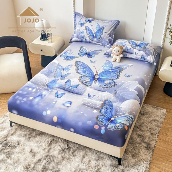 Cearsaf cu elastic, Bumbac FINET, Imprimeu 5D Identic cu Poza, 160x200cm, 2 fete de perne 50x70cm, Jojo Home, Bleu, Fluturi [1]