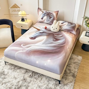 Cearsaf cu elastic, Bumbac FINET, Imprimeu 5D Identic cu Poza, 160x200cm, 2 fete de perne 50x70cm, Jojo Home, Ivoire, Bej, Unicorn