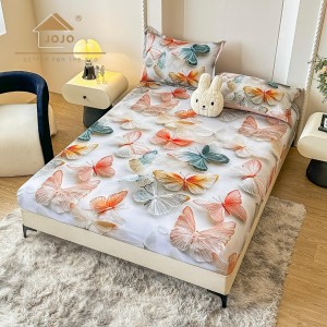 Cearsaf cu elastic, Bumbac FINET, Imprimeu 5D Identic cu Poza, 160x200cm, 2 fete de perne 50x70cm, Jojo Home, Crem, Fluturasi Multicolori