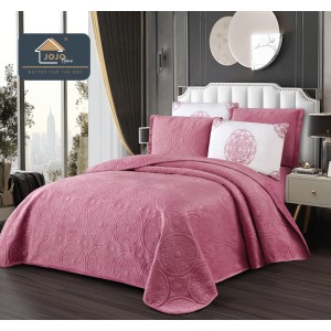 Cuvertura pat dublu, 5 piese, Finet Premium Matlasat, 220x240cm, Jojo Home, Roz