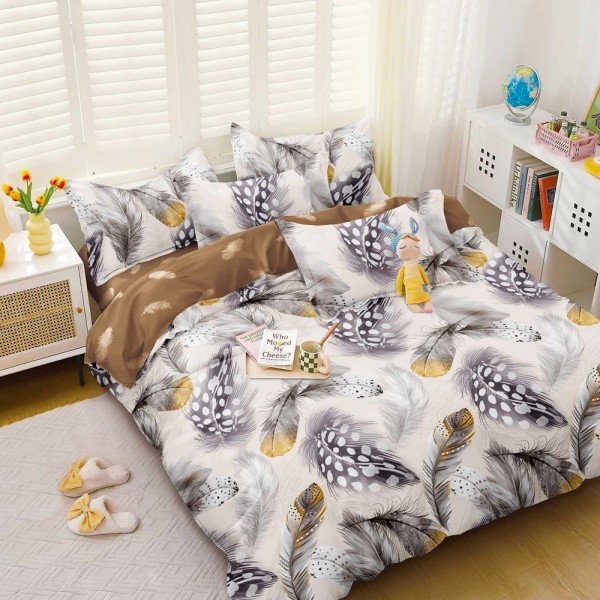 Lenjerie pat dublu (140x200cm, 160x200cm, 180x200cm), bumbac satinat, cearsaf clasic, 4 piese,  Crem, pene [1]
