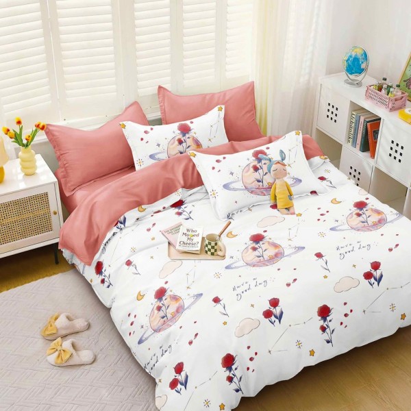 Lenjerie pat dublu (140x200cm, 160x200cm, 180x200cm), bumbac satinat, cearsaf clasic, 4 piese,  Alb, Roz, flori [1]
