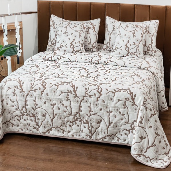 Cuvertura Pat Dublu, Bumbac cu In, Model Brodat Direct în Tesatura, 230x250 cm, 2 fete de perna 52x72cm, 2 fete de perna 46x46cm, Alb, Maro, Crengute [1]