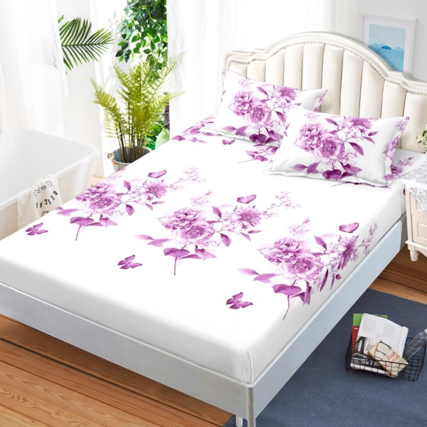 Cearsaf cu elastic, Bumbac FINET, 160x200cm, 2 fete de perne 50x70cm, Alb, Lila, Flori [1]