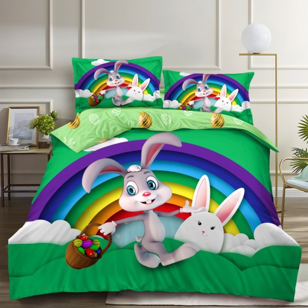 Lenjerie de Pat Dublu,  Finet, Imprimeu Digital, 4 Piese, Verde, Albastru, Curcubeu, Iepuraș cu Cos de Oua [1]