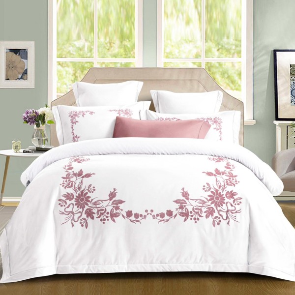 Lenjerie pat dublu, Primăvara,  FINET, Cearsaf cu Elastic 180x200cm, 4 piese, Alb, Roz, Flori - Lux Absolut, Delicatețe și Eleganță Desăvârșită [1]