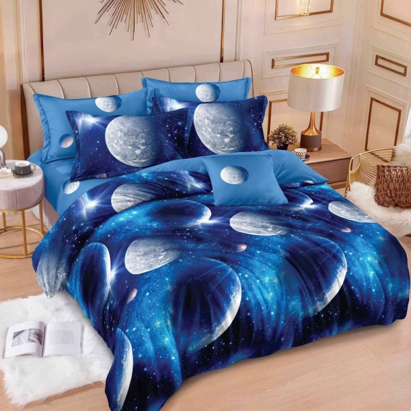 Lenjerie pat dublu (160x200cm, 180x200cm),  FINET, 6 piese, cu ELASTIC, Albastru, planete, spatiu cosmic [1]